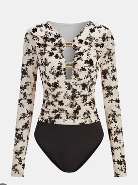 Commense Cream Floral Long Sleeve Bodysuit with Black Accents